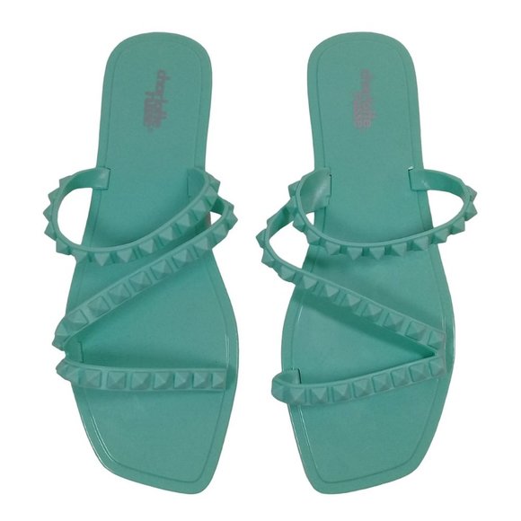 Charlotte Russe Shoes - Charlotte Women's NEW Aqua Green Studded Jelly Slip-On Flat Strap Sandal 9